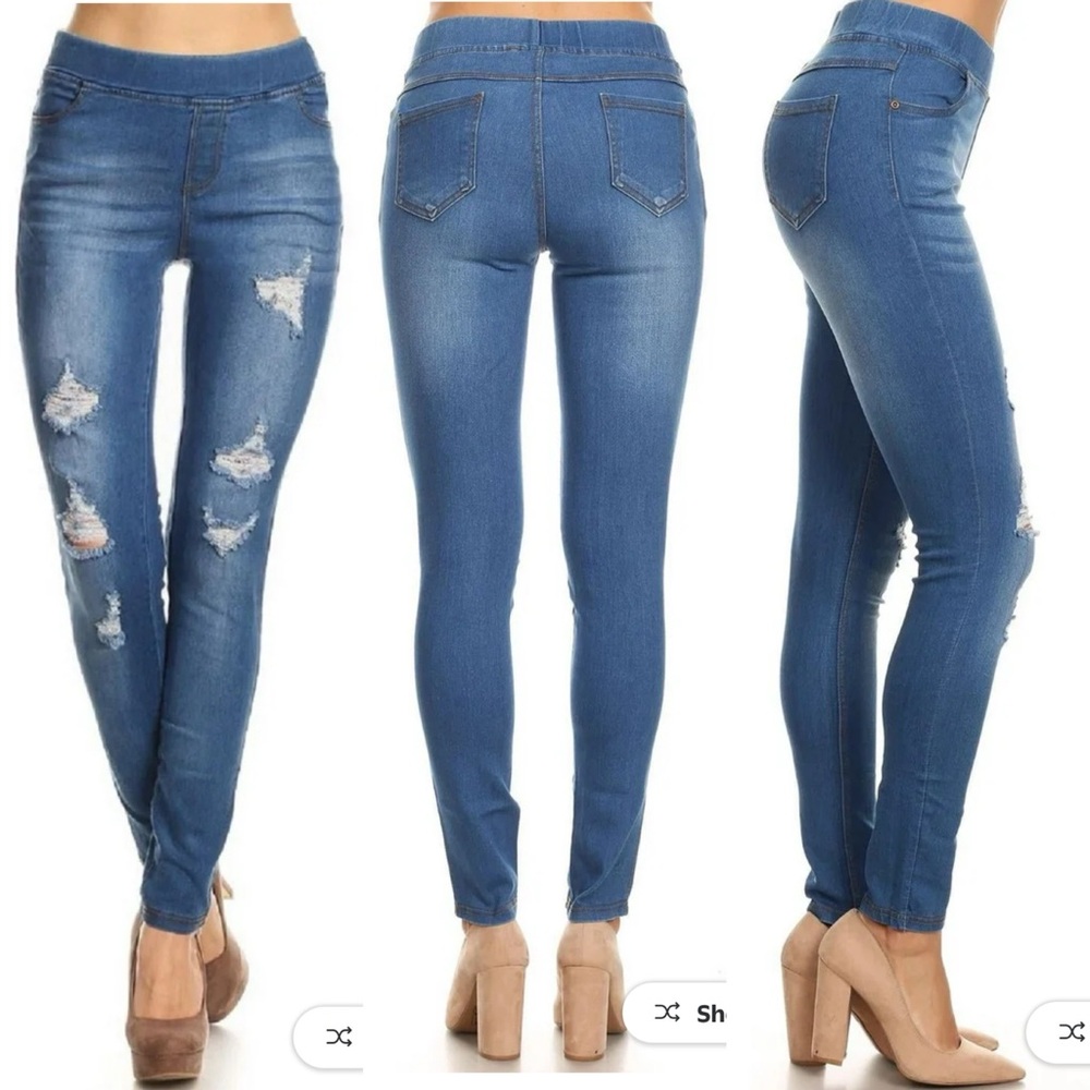 JVINI Stretch Pull On Skinny Jeans Ripped Distressed Denim Jeggings